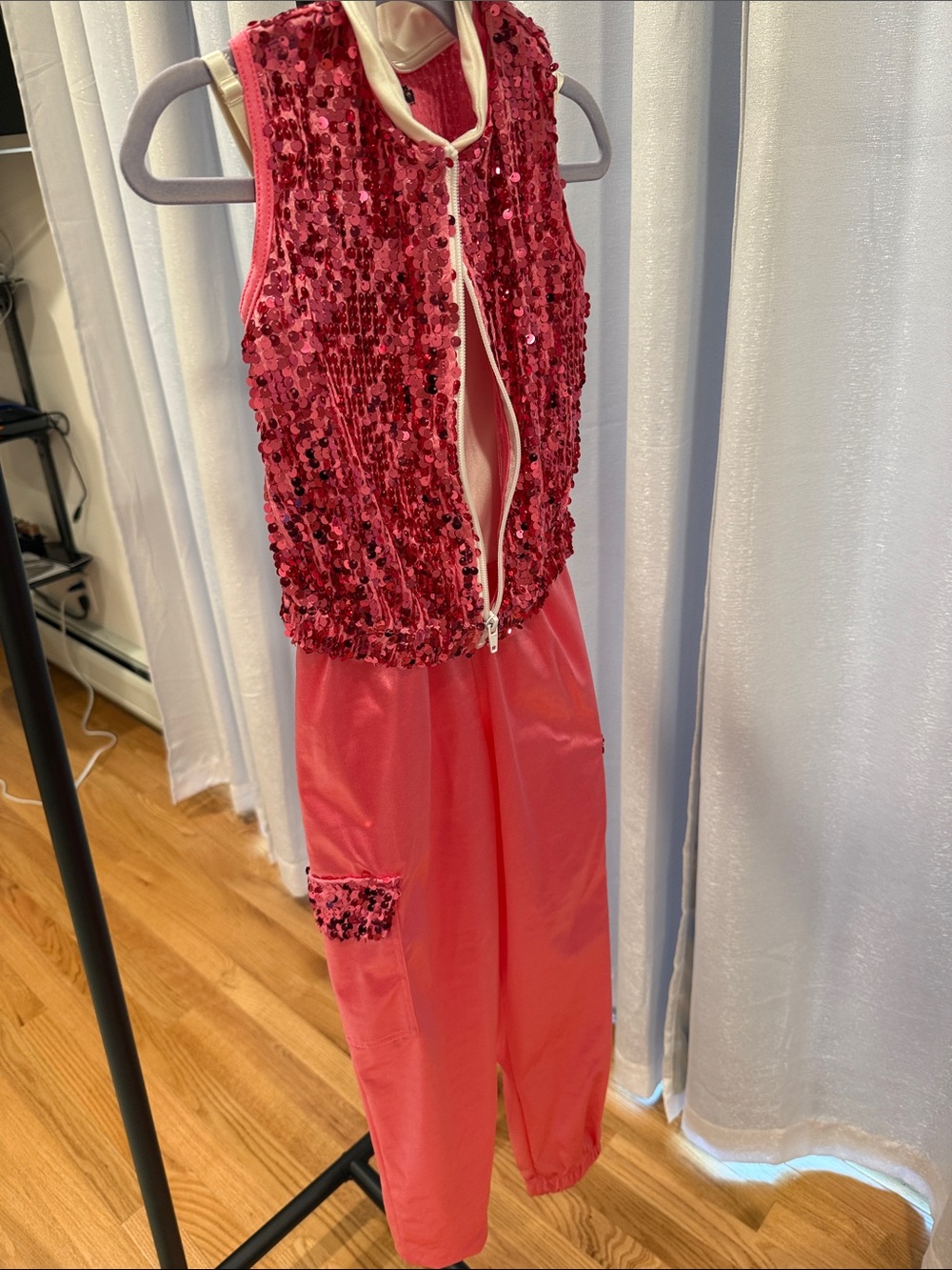 Two-Piece Pink Sequin Vest and Pink-Cream Jumpsuit Set